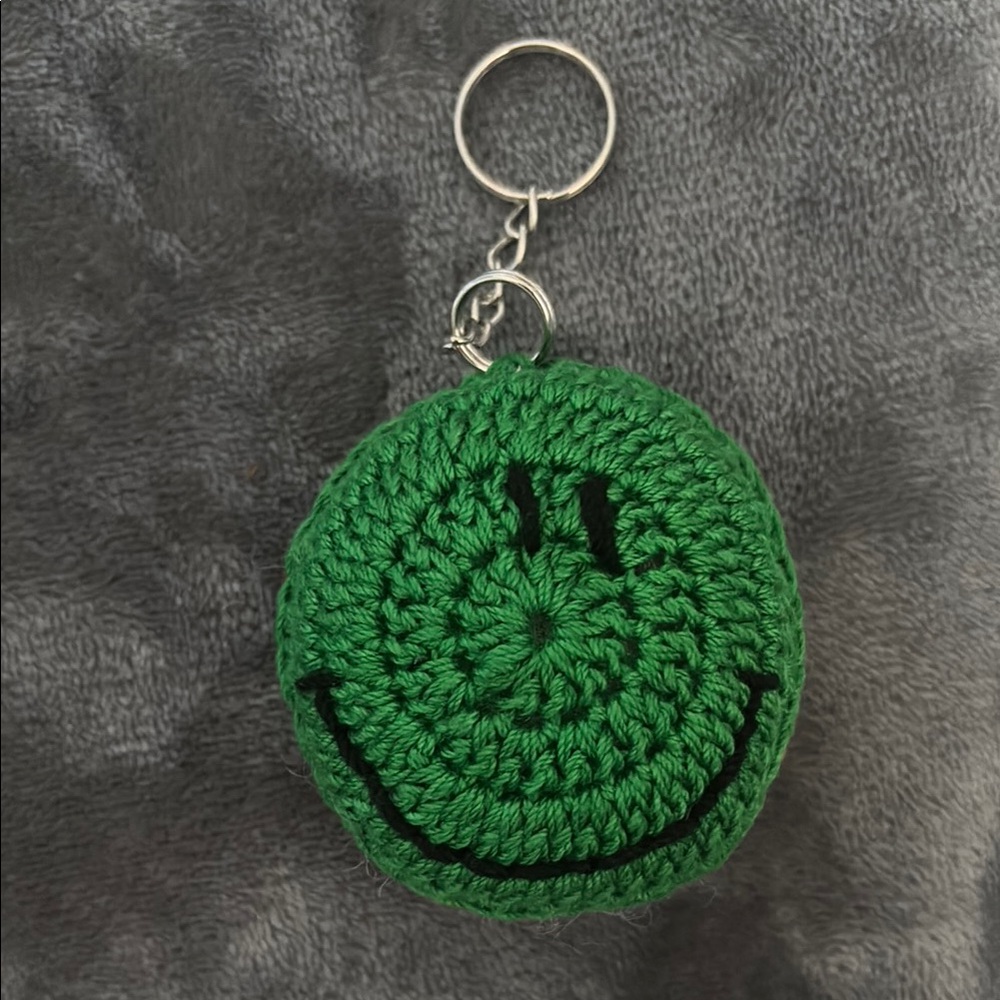 Handmade Green Crochet Smiley Face Keychain